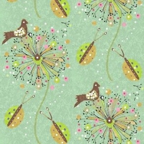 The Dandy English Garden Print - © 2022 Vanessa Peutherer -  Hand Drawn / Vintage / Retro   On Summer Sage,  With  Gold, Chocolate, Pink, Mint,  Black,  Lime , Sky Blue