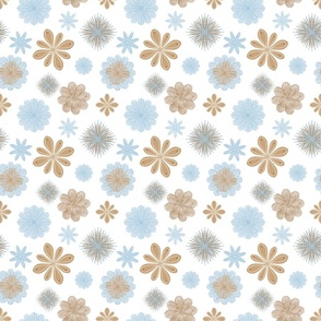 Blue, White, and Brown folksy flowers- small scale