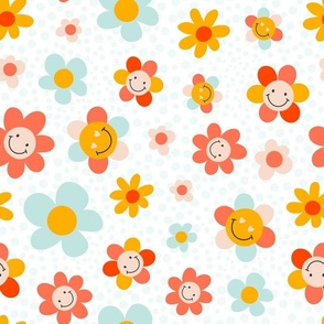 Large Scale Groovy Girl Smile Face Retro Flowers on White