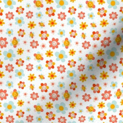 Small Scale Groovy Girl Smile Face Retro Flowers on White