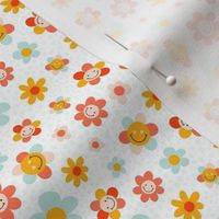 Small Scale Groovy Girl Smile Face Retro Flowers on White