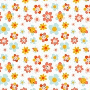 Small Scale Groovy Girl Smile Face Retro Flowers on White