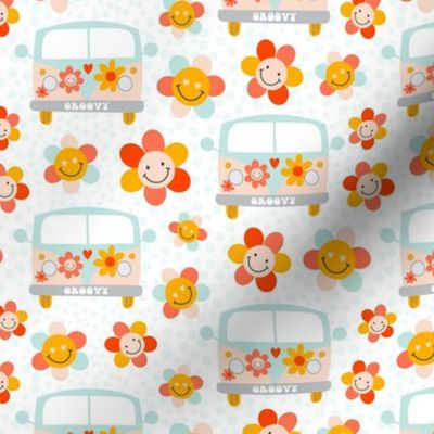 Medium Scale Groovy Girl Retro Hippie Camper Bus and Smile Face Flowers on White