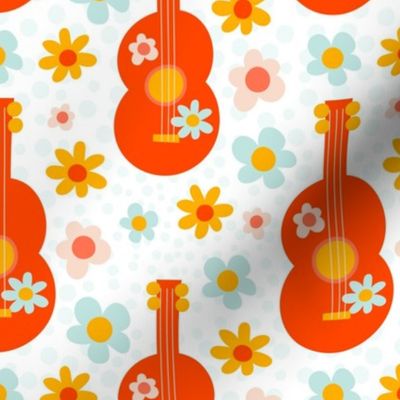 Large Scale Groovy Girl Retro Guitars and Flowers on White