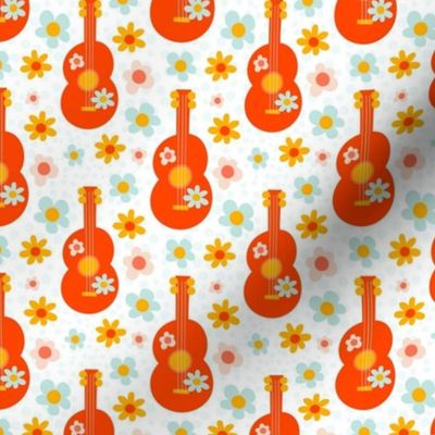 Medium Scale Groovy Girl Retro Guitars and Flowers on White