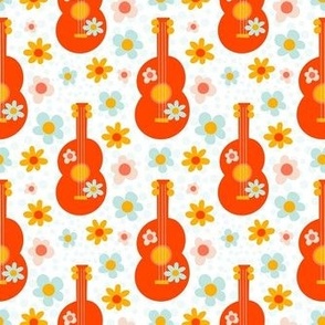 Medium Scale Groovy Girl Retro Guitars and Flowers on White