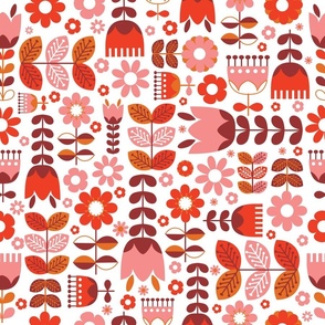 (Large) Scandinavian Flower Garden - Folk art flowers - orange, peach, white, maroon