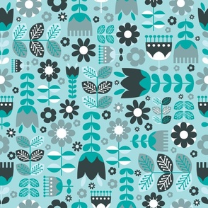 (Large) Scandinavian Flower Garden - Folk art flowers - teal green monochrome