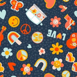  Large Scale Groovy Girl Peace Love Rainbows Smile Faces and Flowers on Navy