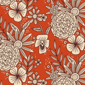 1970s flowers on red background