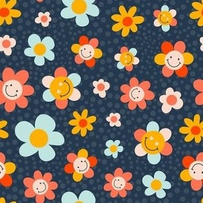 Medium Scale Groovy Girl Smile Face Retro Flowers on Navy