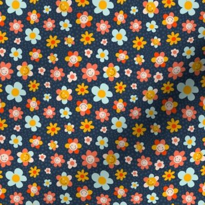 Small Scale Groovy Girl Smile Face Retro Flowers on Navy