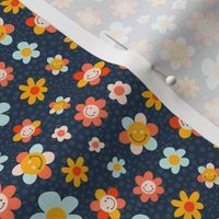 Small Scale Groovy Girl Smile Face Retro Flowers on Navy