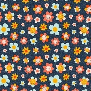 Small Scale Groovy Girl Smile Face Retro Flowers on Navy