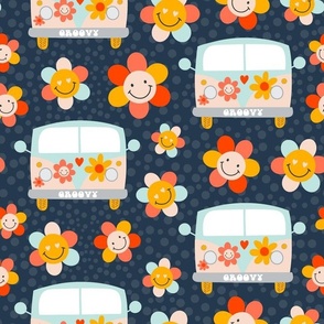 Large Scale Groovy Girl Retro Hippie Camper Bus and Smile Face Flowers on Navy