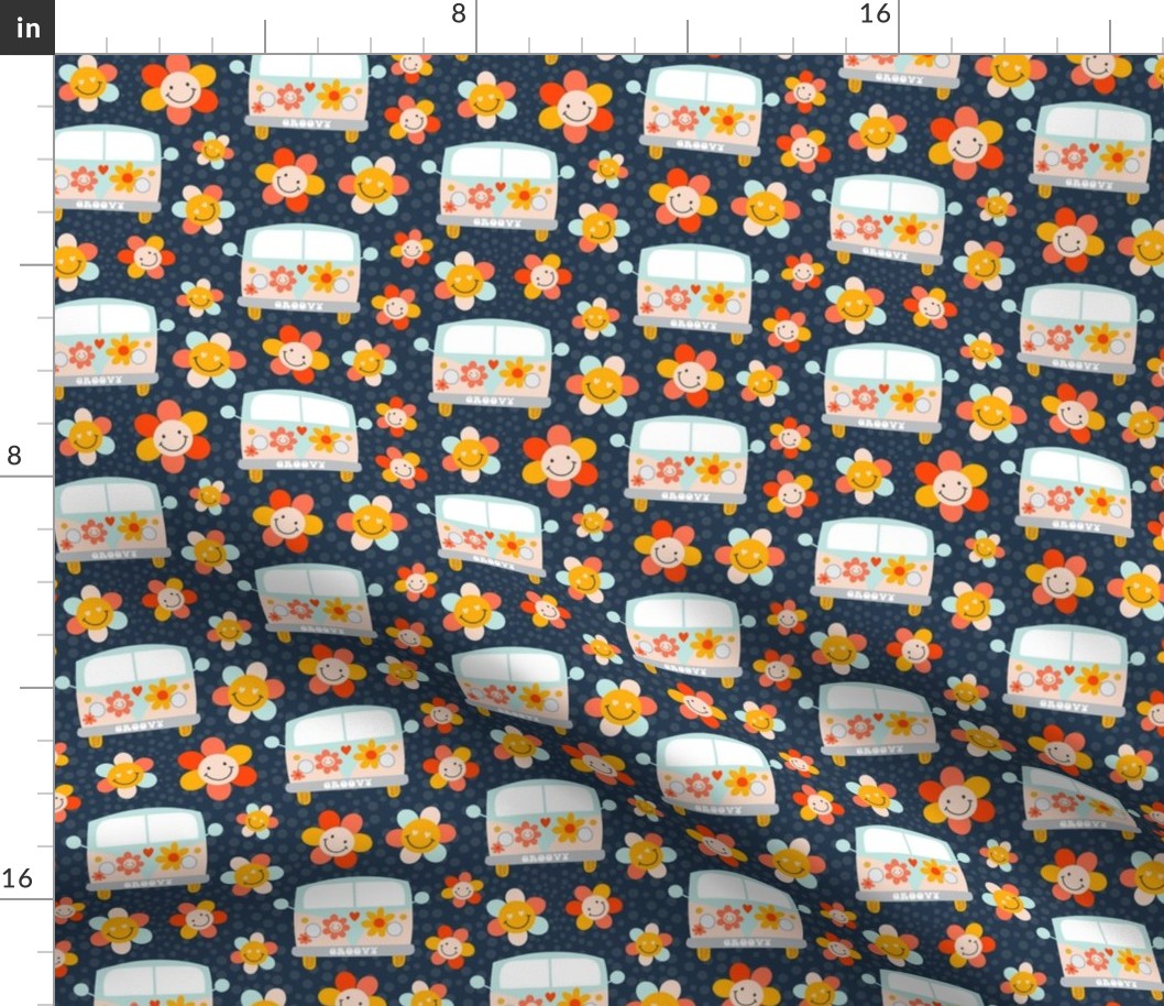 Medium Scale Groovy Girl Retro Hippie Camper Bus and Smile Face Flowers on Navy