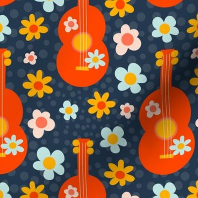 Large Scale Groovy Girl Retro Guitars and Flowers on Navy
