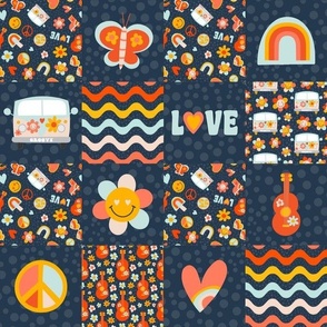 Smaller Scale Patchwork 3" Square Groovy Girl Retro Rainbows Hearts Smile Face Flower Peace and Love on Navy for Cheater Quilt or Blanket