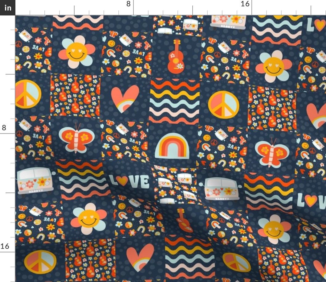 Smaller Scale Patchwork 3" Square Groovy Girl Retro Rainbows Hearts Smile Face Flower Peace and Love on Navy for Cheater Quilt or Blanket