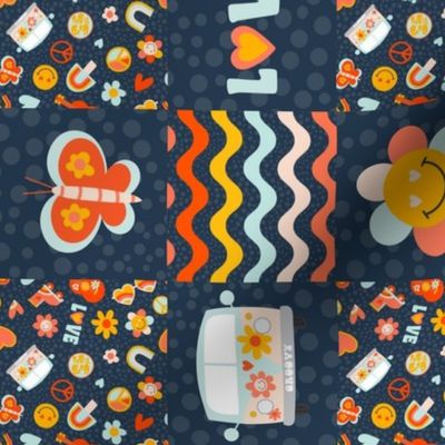 Smaller Scale Rotated Patchwork 6" Square Groovy Girl Retro Rainbows Hearts Smile Face Flower Peace and Love on Navy for Cheater Quilt or Blanket