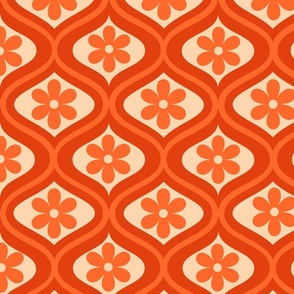Orange retro 70s flower on ogee pattern 