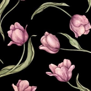 Seamless hand drawn pattern. Watercolor tulips on black background. Perfect for any surface: fabrics, wrap paper, scrapbooking, wallpaper.
