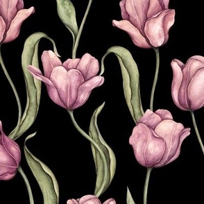Seamless hand drawn pattern. Watercolor tulips on black background. Perfect for any surface: fabrics, wrap paper, scrapbooking, wallpaper.