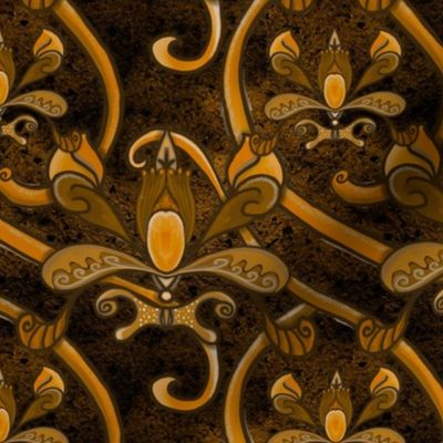 Dark browns and golds Earth tones flower scrolls on moody textured background small