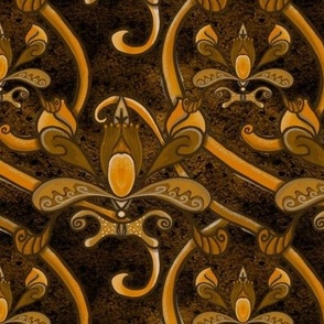 Dark browns and golds Earth tones flower scrolls on moody textured background small