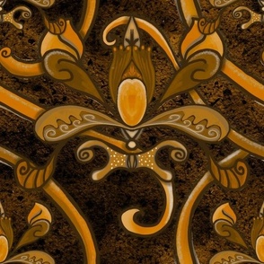 Large Dark and moody golden handdrawn traditional flower scrolls on deep brown texture large