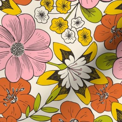 Blooming Garden - Retro Floral Pink Yellow Ivory Medium Scale