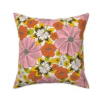 Blooming Garden - Retro Floral Pink Yellow Ivory Medium Scale