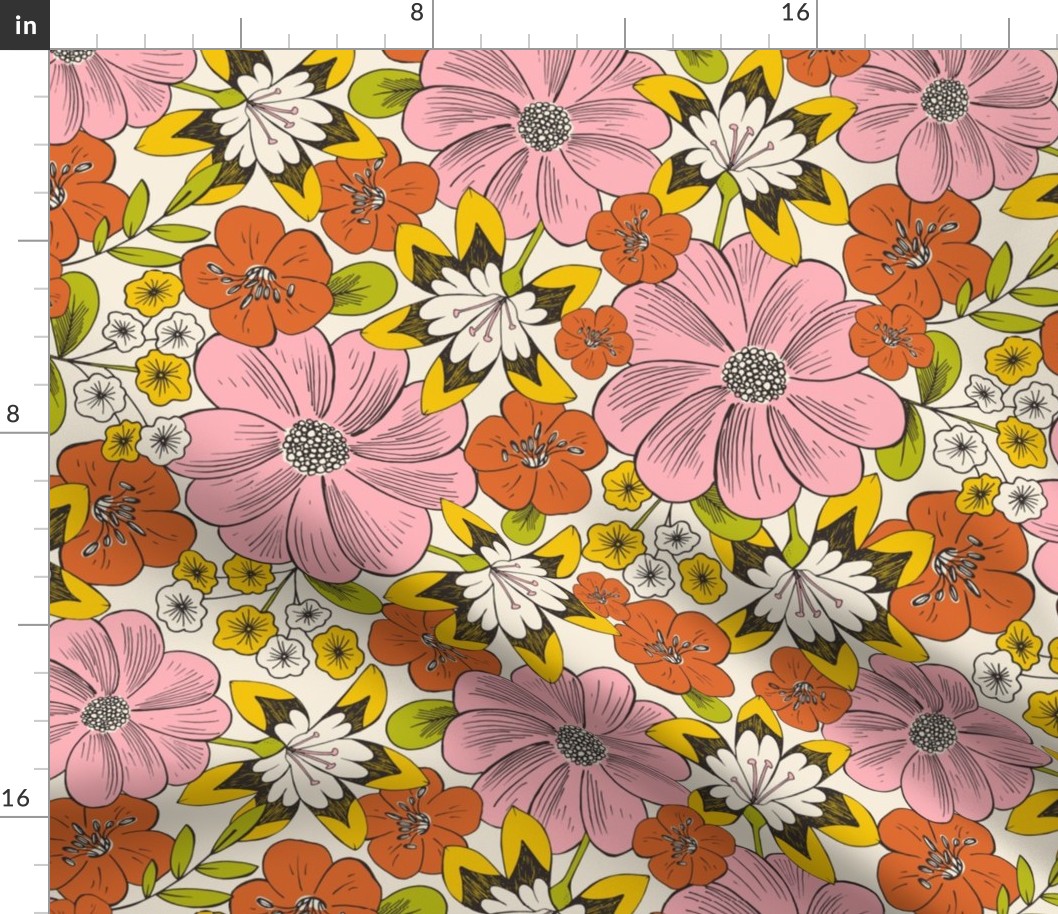 Blooming Garden - Retro Floral Pink Yellow Ivory Medium Scale