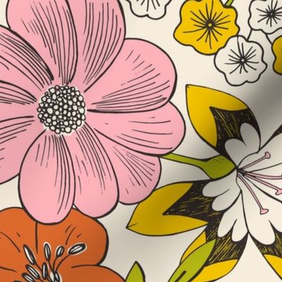 Blooming Garden - Retro Floral Pink Yellow Ivory Large Scale