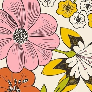 Blooming Garden - Retro Floral Pink Yellow Ivory Large Scale