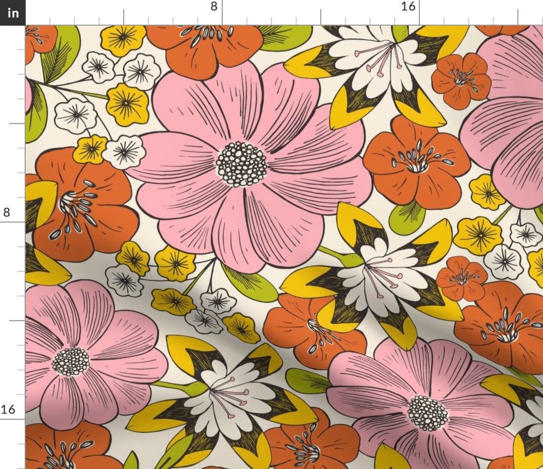 Blooming Garden - Retro Floral Pink Yellow Ivory Large Scale