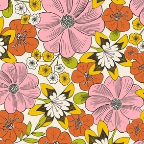 Blooming Garden - Retro Floral Pink Yellow Ivory Regular Scale