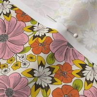 Blooming Garden - Retro Floral Pink Yellow Ivory Small Scale