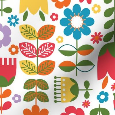 (Large) Scandinavian Flower Garden - Folk art flowers - red, orange, yellow, green, blue white