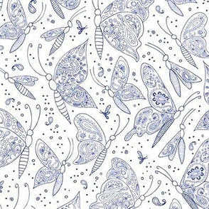 paisley butterflies navy on white - small scale