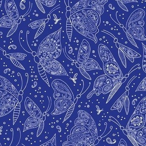 paisley butterflies white on navy