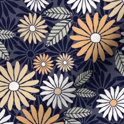 Dancing Daisies in Navy, Yellow and White