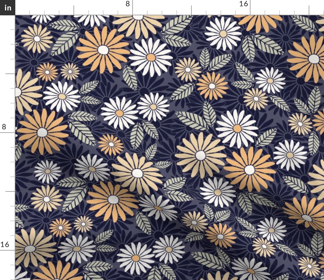 Dancing Daisies in Navy, Yellow and White