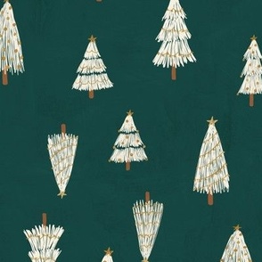 Boho White Christmas trees on Emerald Green