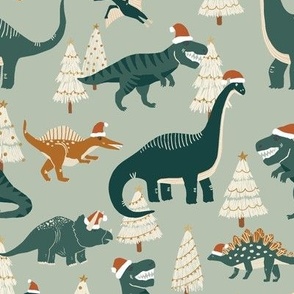 Christmas Dinosaurs in Emerald and Pine Green with santa hats