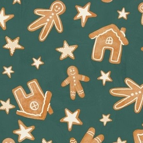 Gingerbread Fabric with Christmas Cookies on Pine Green