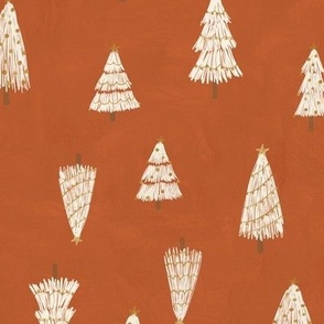 White Christmas trees on Rust Red
