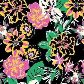 Tropical fabric print Happy Dark tropical flowers