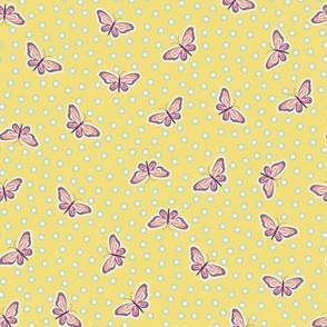 Tiny butterflies scattered all over with polka dots on  pastel yellow background - midsize