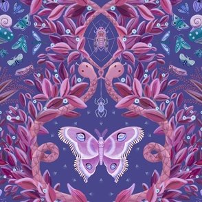 Busy and cheerful damask print of a magical jungle with lush foliage, Luna moths and snakes - large  scale